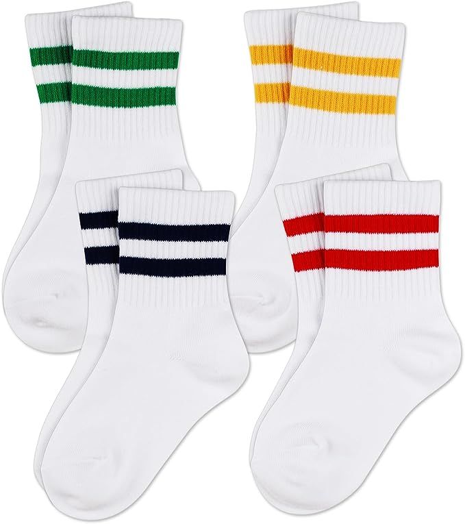 COTTON DAY Unisex Little Kids Youth Boys Girls Soft Cotton White Athletic Socks with Stripes | Amazon (US)
