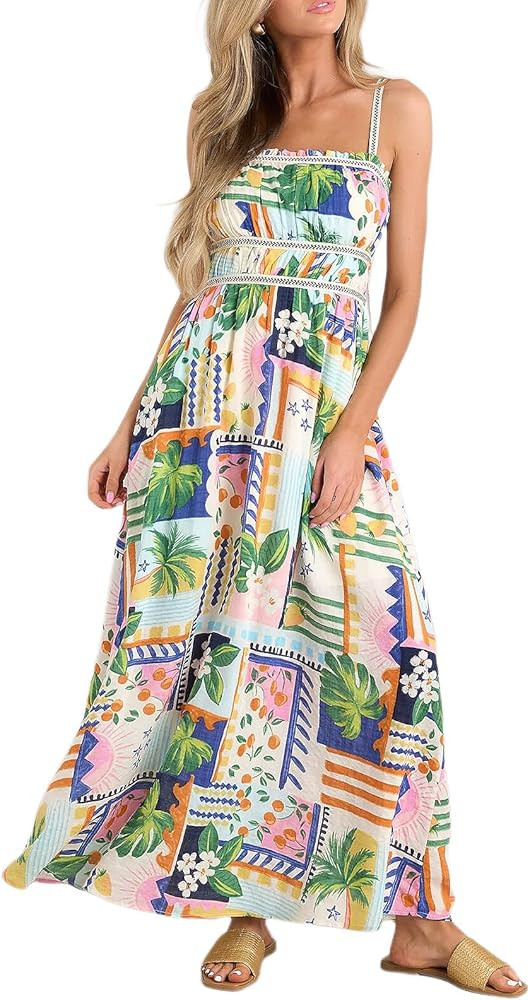 Long Summer Dresses for Women 2024 Casual Floral Spaghetti Strap Dresses Sleeveless Boho Sundress | Amazon (US)