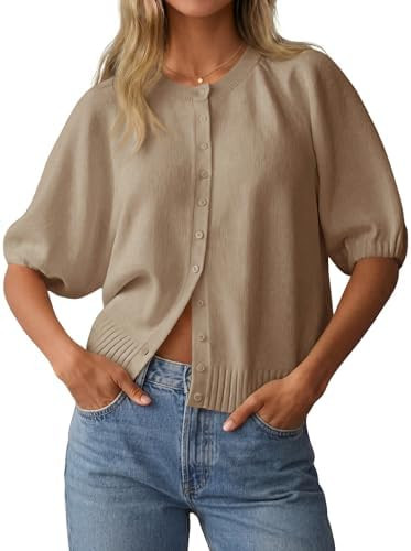 Saodimallsu Womens Puff Half Sleeve Cardigan Lightweight Knit 2026 Spring Summer Crew Neck Button... | Amazon (US)