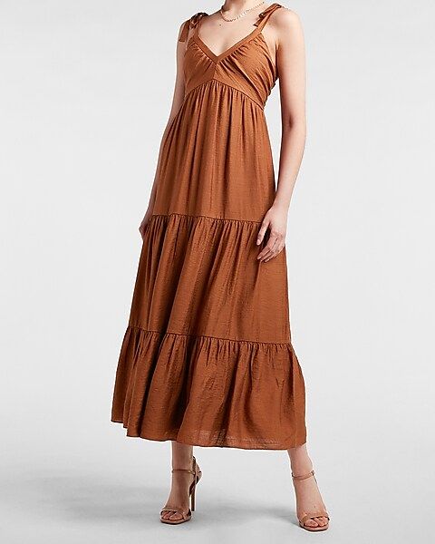 Ruched V-Neck Tiered Maxi Dress | Express