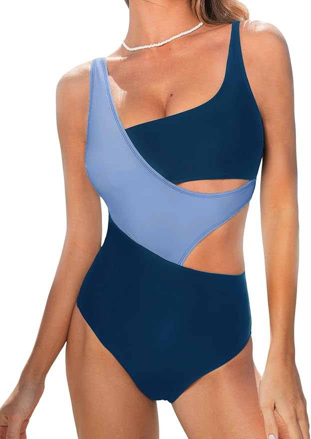 CUPSHE Women's One Piece Swimsuit Scoop Neck Color Block Bathing Suit Wide Straps Side Cutout | Amazon (US)