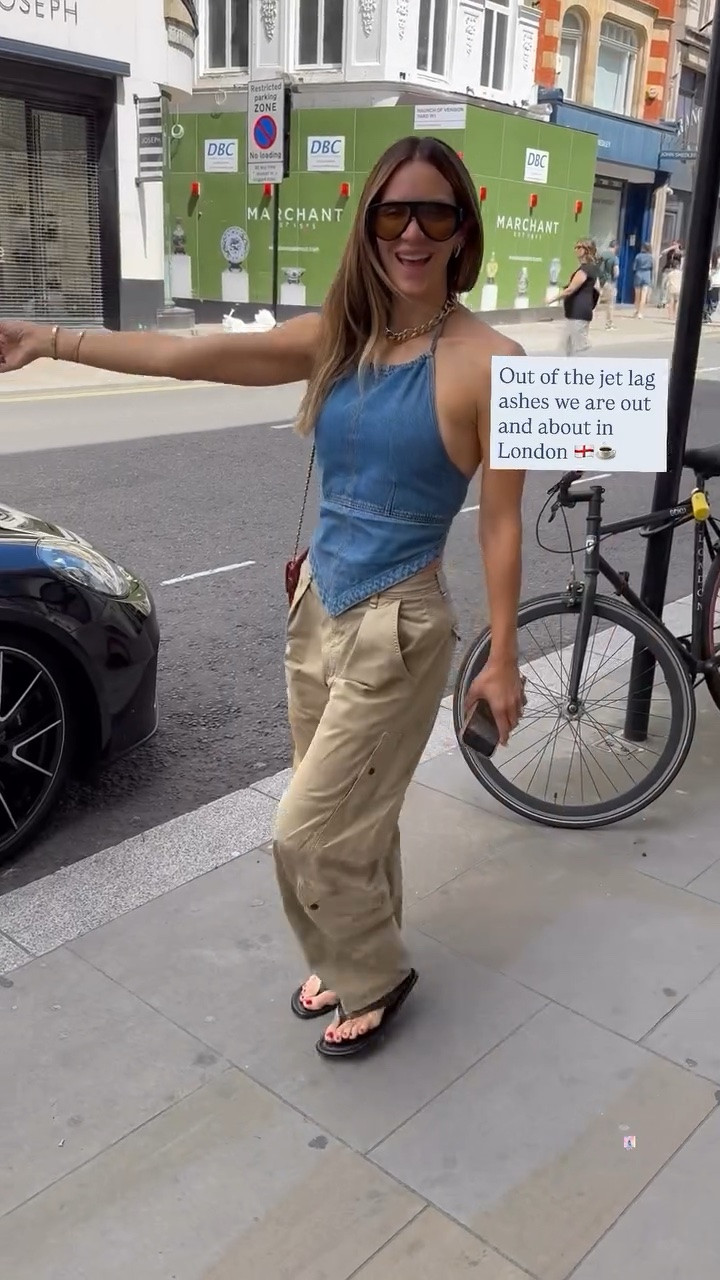 Katharine McPhee Foster Denim Halter Top Forever classic in a workwear-inspired silhouette, these wear-everywhere pants deserve a spot in every wardrobe. Leather sandals are crafted of leather and feature a thong strap.