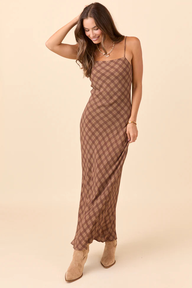 Fauna Brown Plaid Slip Dress | Pink Lily