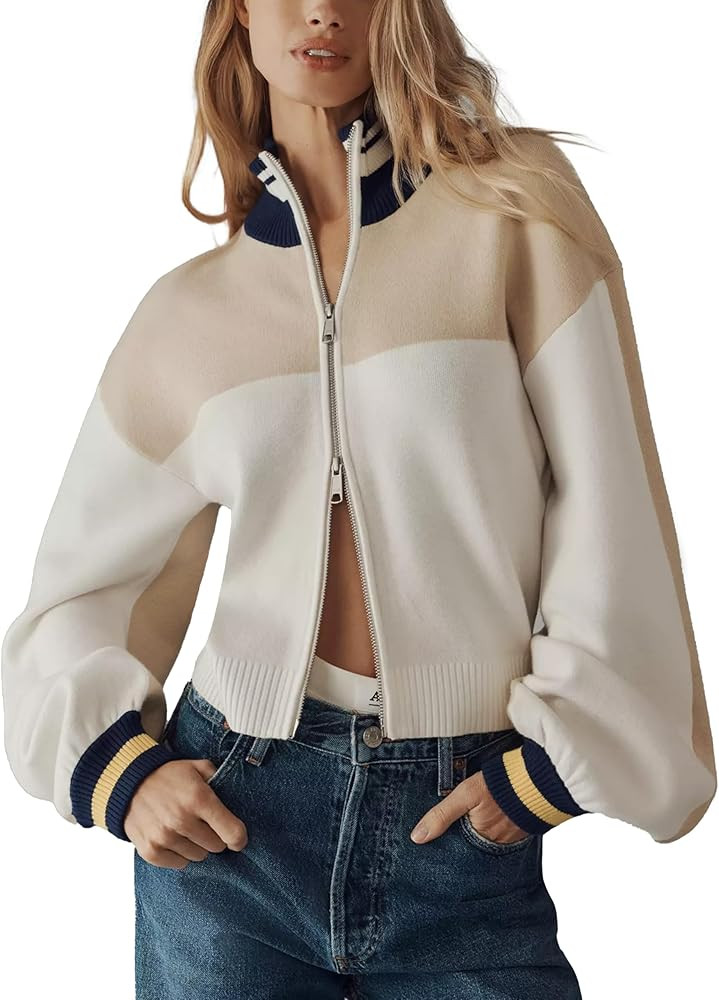Womens Cardigan Sweaters Double Zip Up Long Sleeve Knitted Jackets Outerwear Color Block Casual C... | Amazon (US)