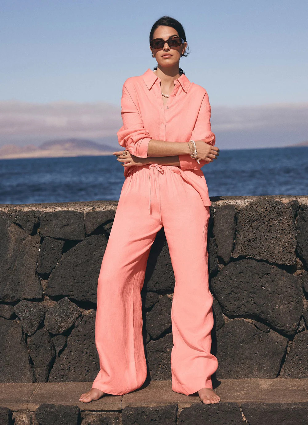 Pink Linen Wide Leg Trousers | Mint Velvet