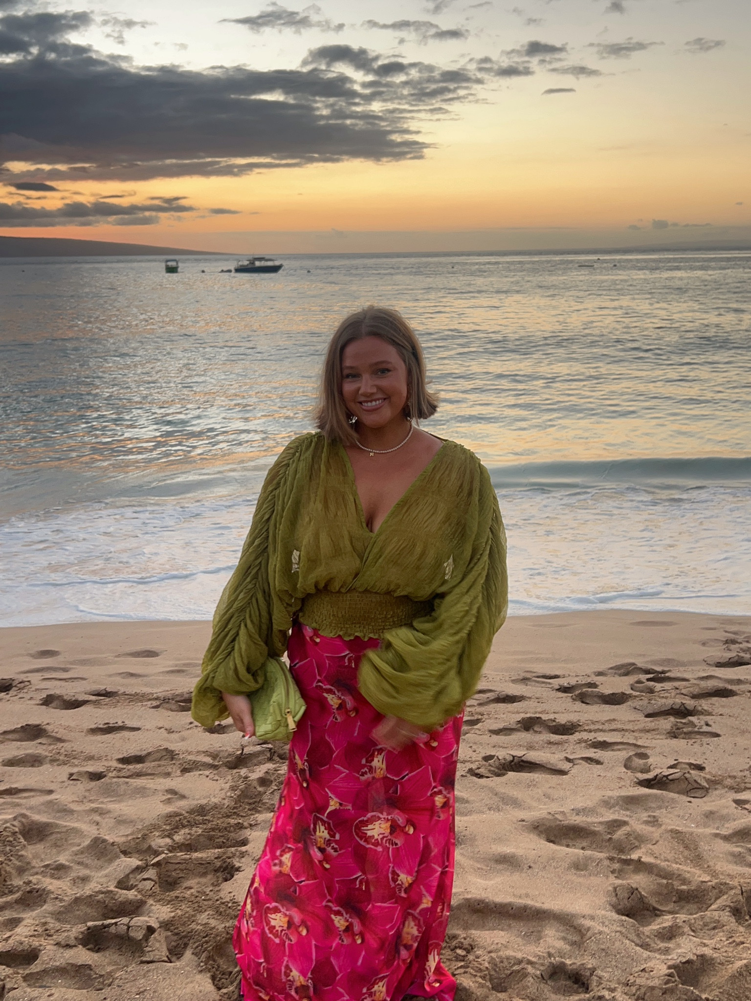 Maui outfit: Skirt size 10 I did take it in a little so I feel like an 8 would work for the low rise fit. It’s semi sheer I wore nude underwear! Gorgeous flow and long length I’m 5’ 5”. Top is AMAZON it’s one size but has amazing stretch and sheer fabric it’s soo fun. Linked th bralette I wore under it size L tts. Bag and shoes Amazon true to size  

