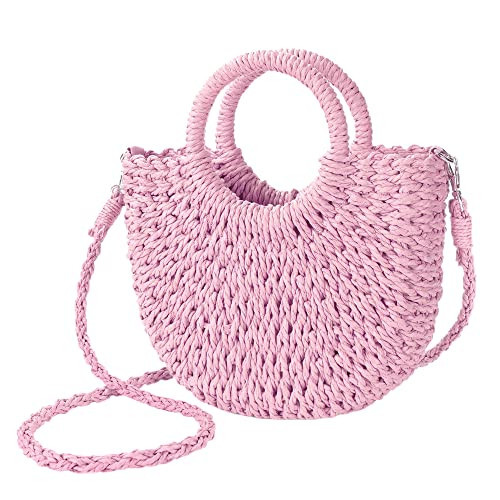 Womens Straw Beach Bag Woven Crossbody Shoulder Bags Top Handle Satchel Handbag Purse for Summer (Pink) | Amazon (US)
