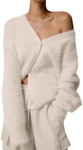 Yimoon Womens Fuzzy Cardigan Sweater V Neck Long Sleeve Button Down Slouchy Furry Knit Sweaters 2... | Amazon (US)