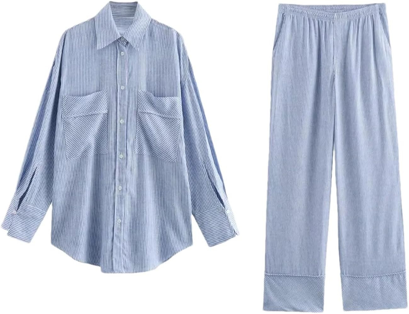 Casual 2 Piece Outfit for Women Striped Shirt Pocket High Waist Straight Leg Pants Casual Set | Amazon (US)