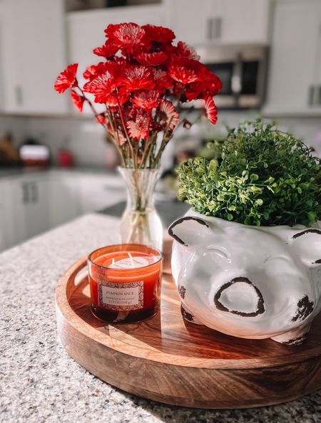 Fall kitchen island tray display with pumpkin spice candle, ceramic pig planter and fresh market flowers.

Acacia wood tray
Wood serving tray
Pig planter
Ceramic pic
Pig kitchen
Warm kitchen
Wood tray centerpiece
Fall candles
Best candles

#LTKSeasonal #LTKhome #LTKunder50