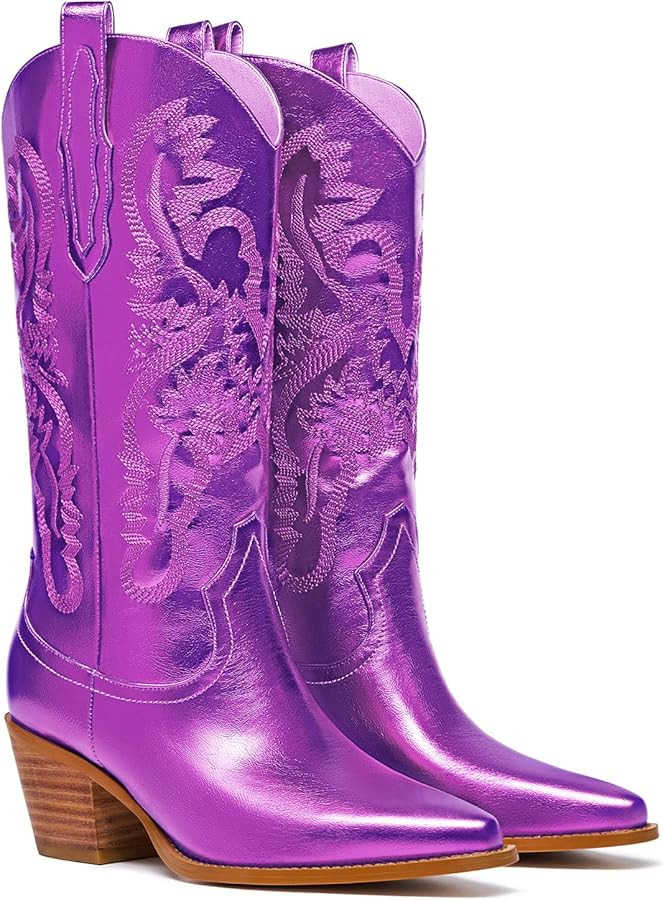 Metallic Cowboy Boots for Women Sparkly Embroidery Wide Calf Cowgirl Boots Mide Calf Western Fash... | Amazon (US)