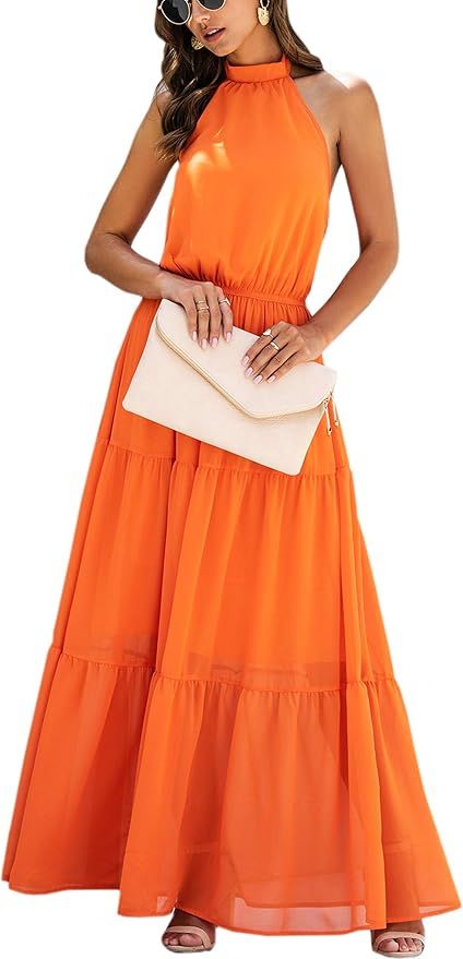ECOWISH Women Dress Halter Neck Boho Floral Print Sleeveless Casual Backless Maxi Dresses | Amazon (US)