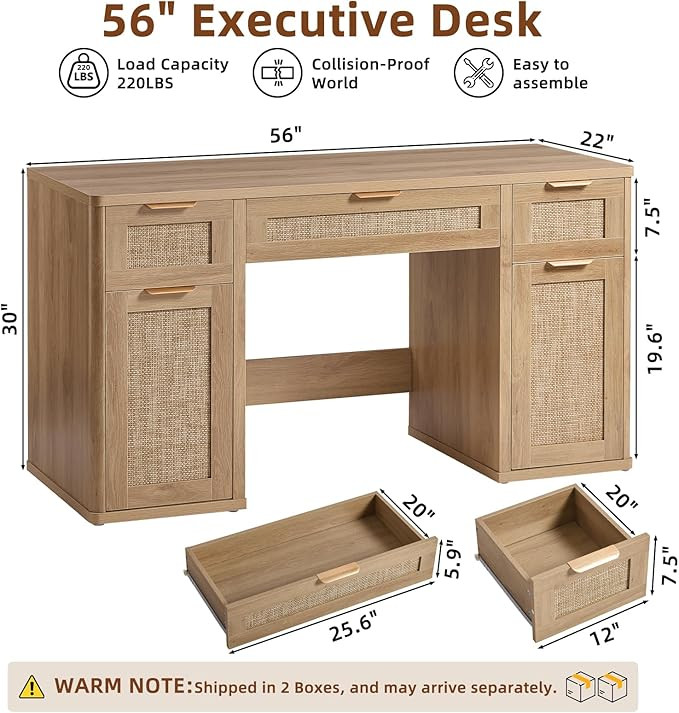 LEYAOYAO Office Desk 56" with 5 Drawers Storage File Cabinet Rattan Wood Desk for Computer Office... | Amazon (US)