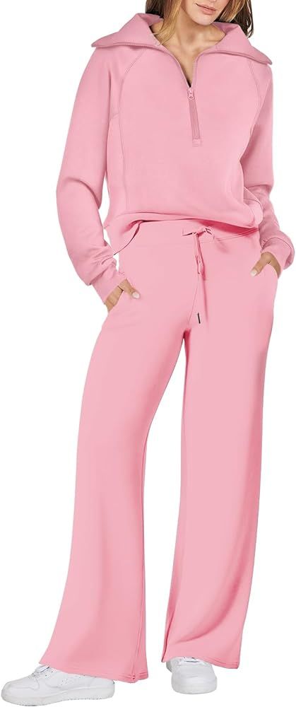 Prinbara Women 2 Piece Outfits Sweatsuit Set 2023 Fall Oversized Half Zip Sweatshirt Wide Leg Swe... | Amazon (US)