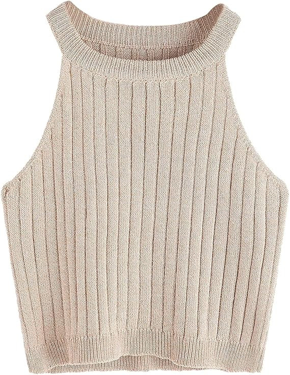 SweatyRocks Women's Knit Crop Top Ribbed Sleeveless Halter Neck Vest Tank Top | Amazon (US)