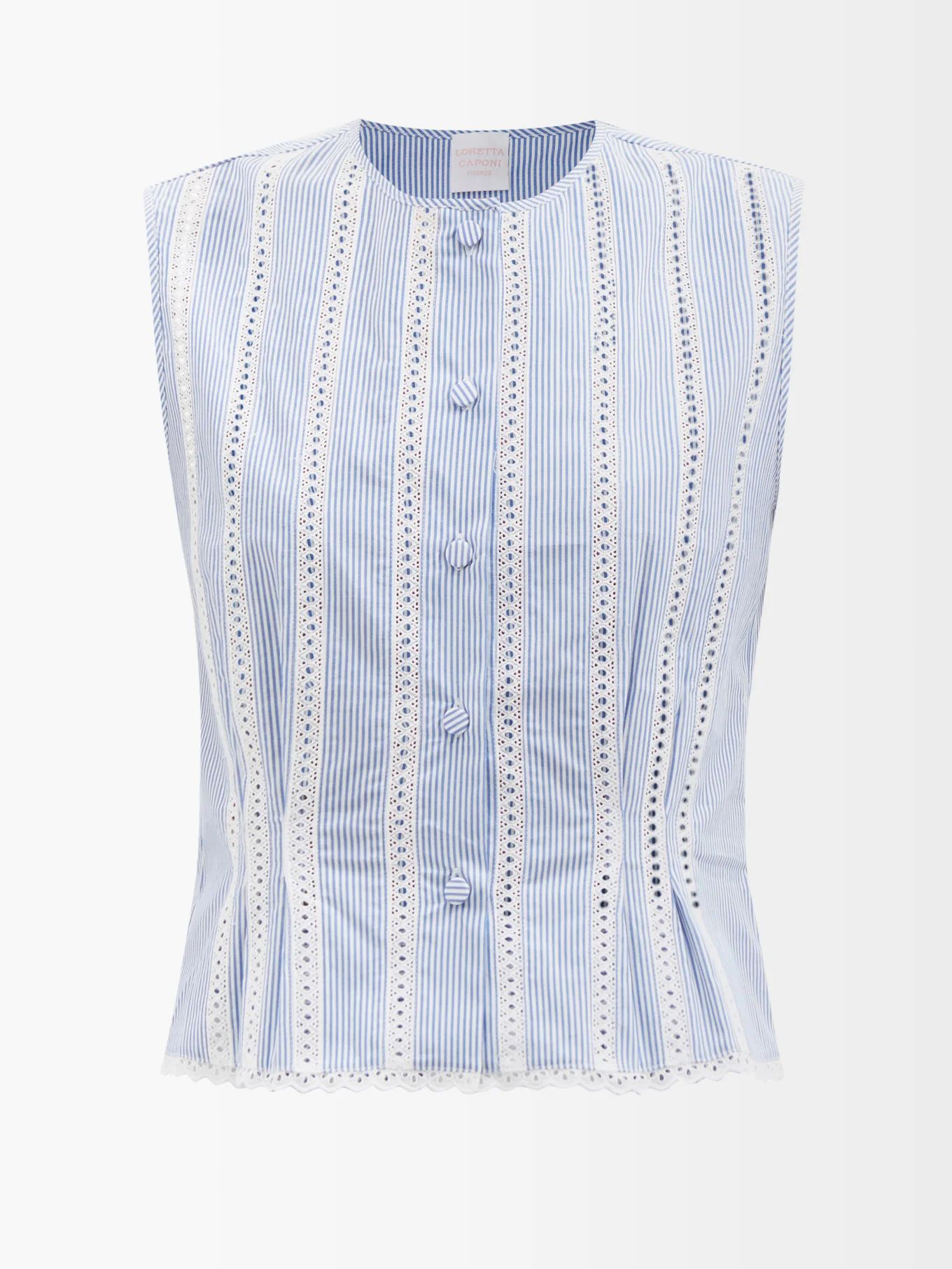 Diamante tape-lace striped cotton-poplin top | Loretta Caponi | Matches (US)