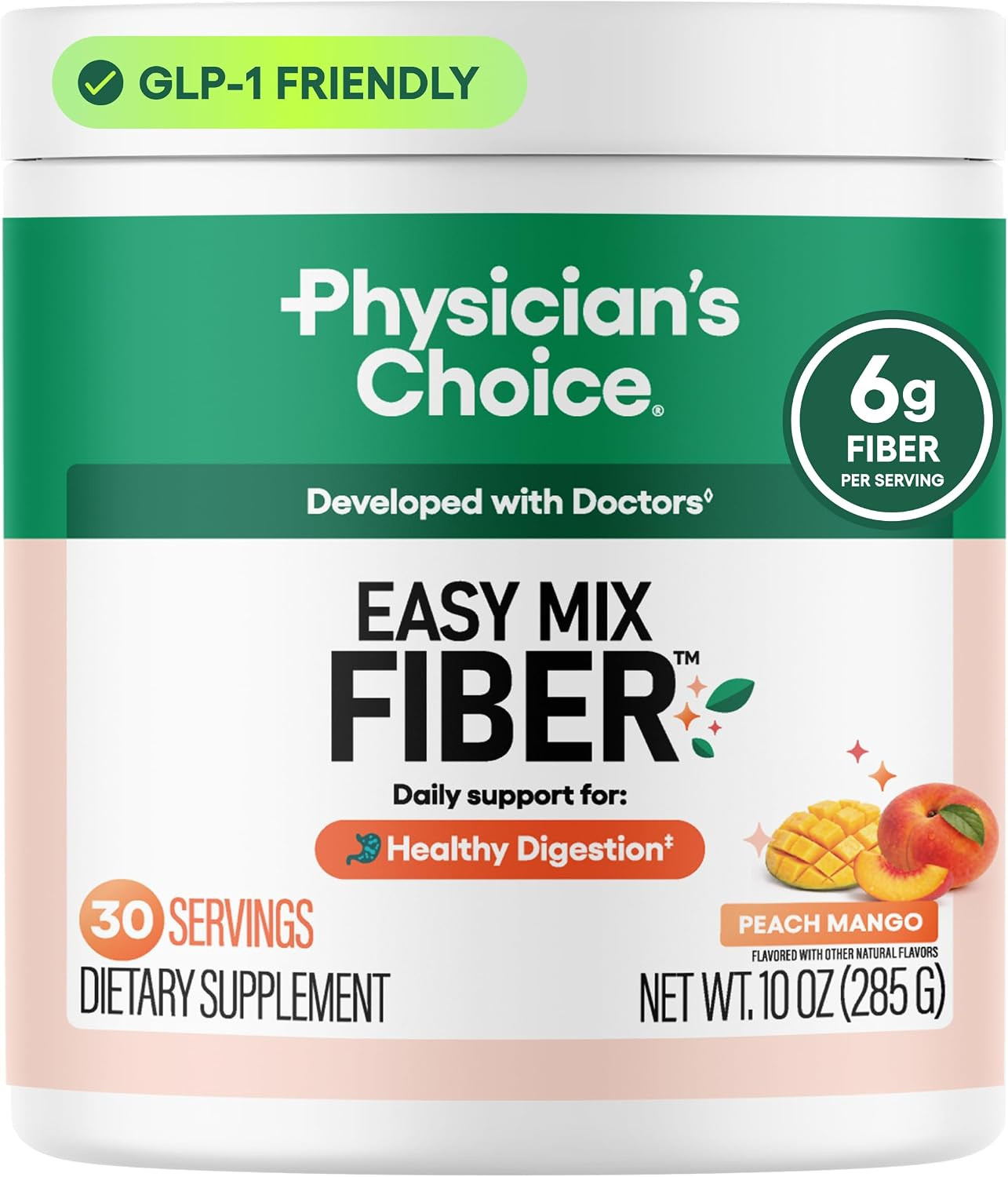 Physician's CHOICE Easy Mix Fiber for GLP-1 Support - No Grit - Daily Prebiotic Soluble Fiber Powder Supplement for Women and Men - Peach Mango - 30 Servings | Amazon (US)