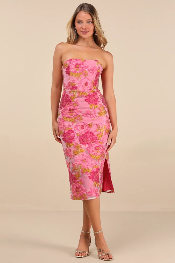 Upgraded Event Pink Jacquard Strapless Bustier Midi Dress | Lulus
