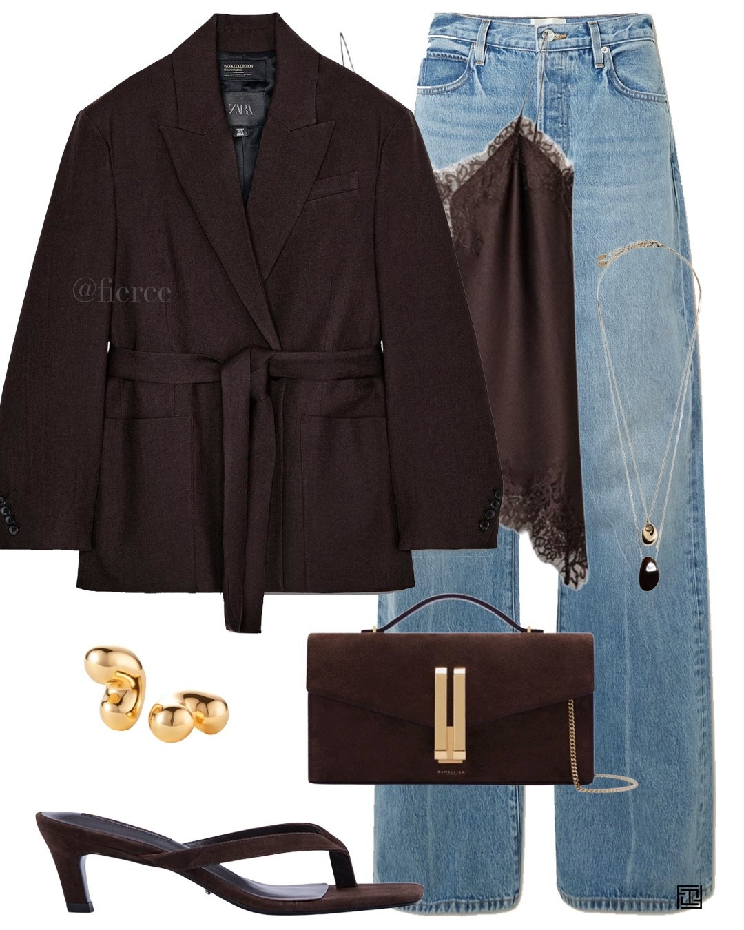 Chocolate brown tie blazer brown suede clutch bag brown thong sandals blue jeans lace trim top 

#LTKuk #LTKeurope #LTKspring