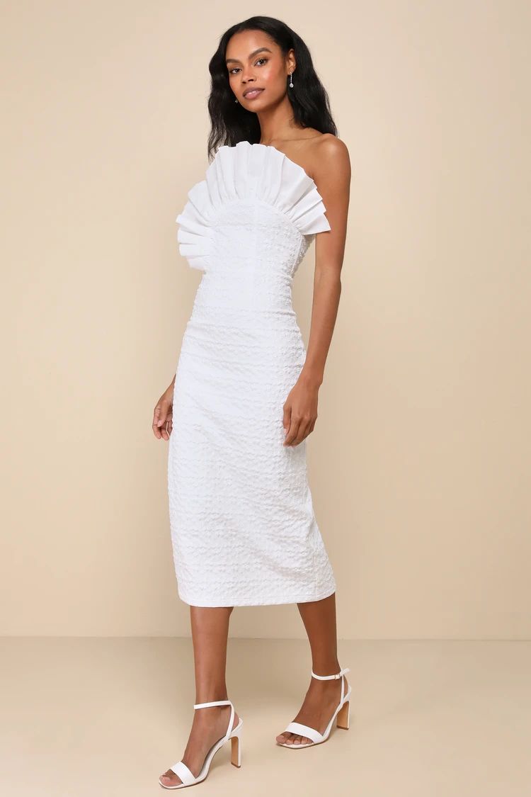 Brightest Aura White Jacquard Ruffled Strapless Midi Dress | Lulus