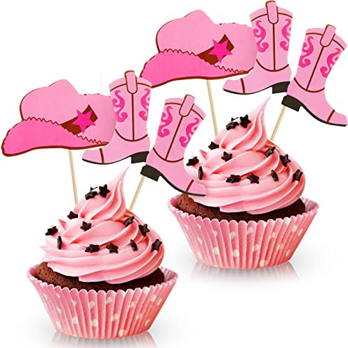 60 Pieces Cowboy or Cowgirl Hat and Boot Cupcake Toppers Western Birthday Cake Decorations Rodeo Cupcake Picks Baby Shower Toothpicks for Western Theme Party Favors Supplies (Pink) | Amazon (US)