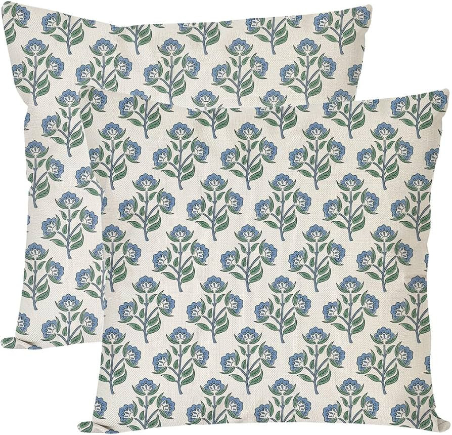 Block Print Throw Pillow Covers 18x18 Inch Set of 2 Vintage Blue Floral Boho Outdoor Farmhouse Sp... | Amazon (US)