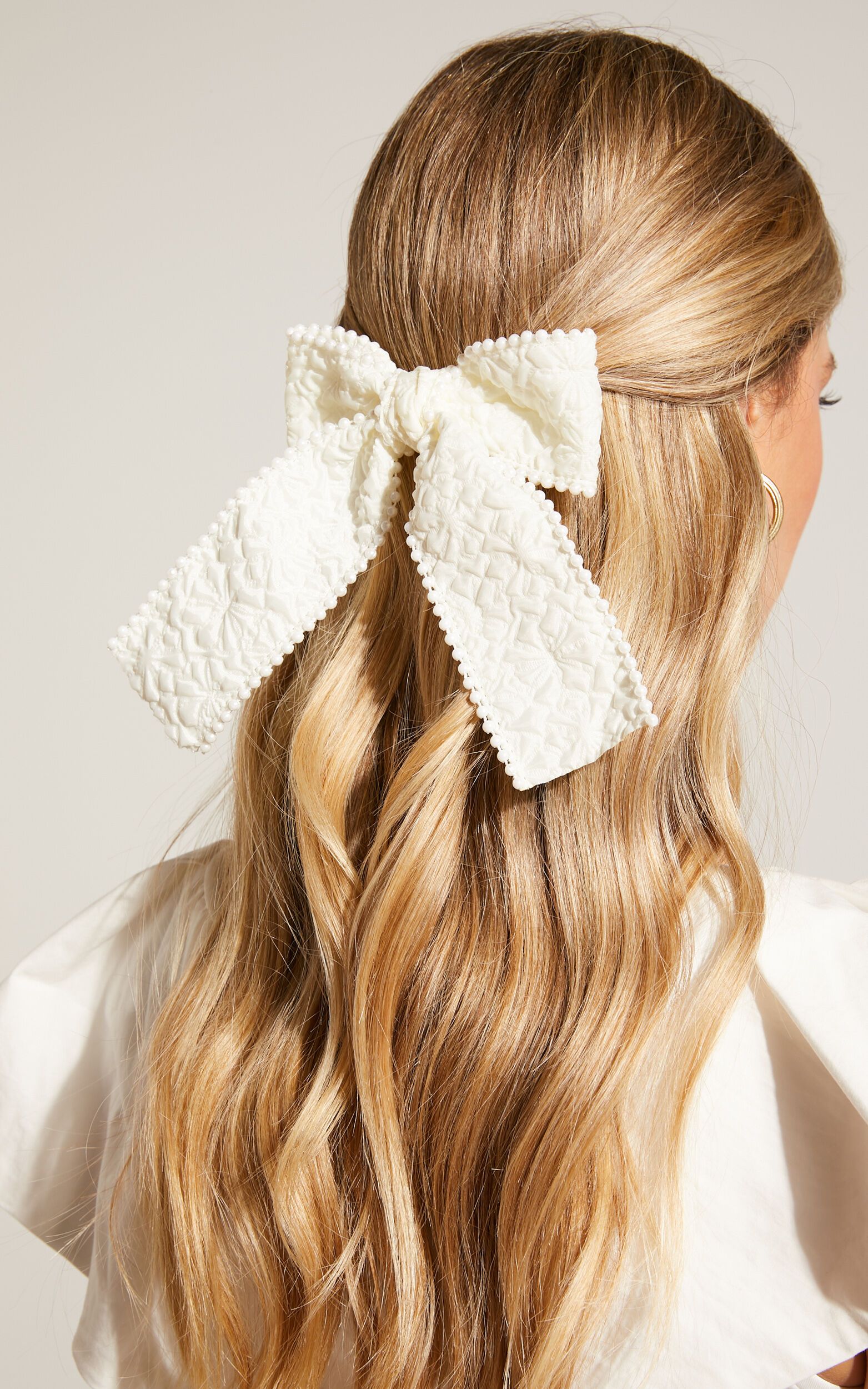 Isla Pearl Textured Hair Bow in Cream | Showpo (US, UK & Europe)