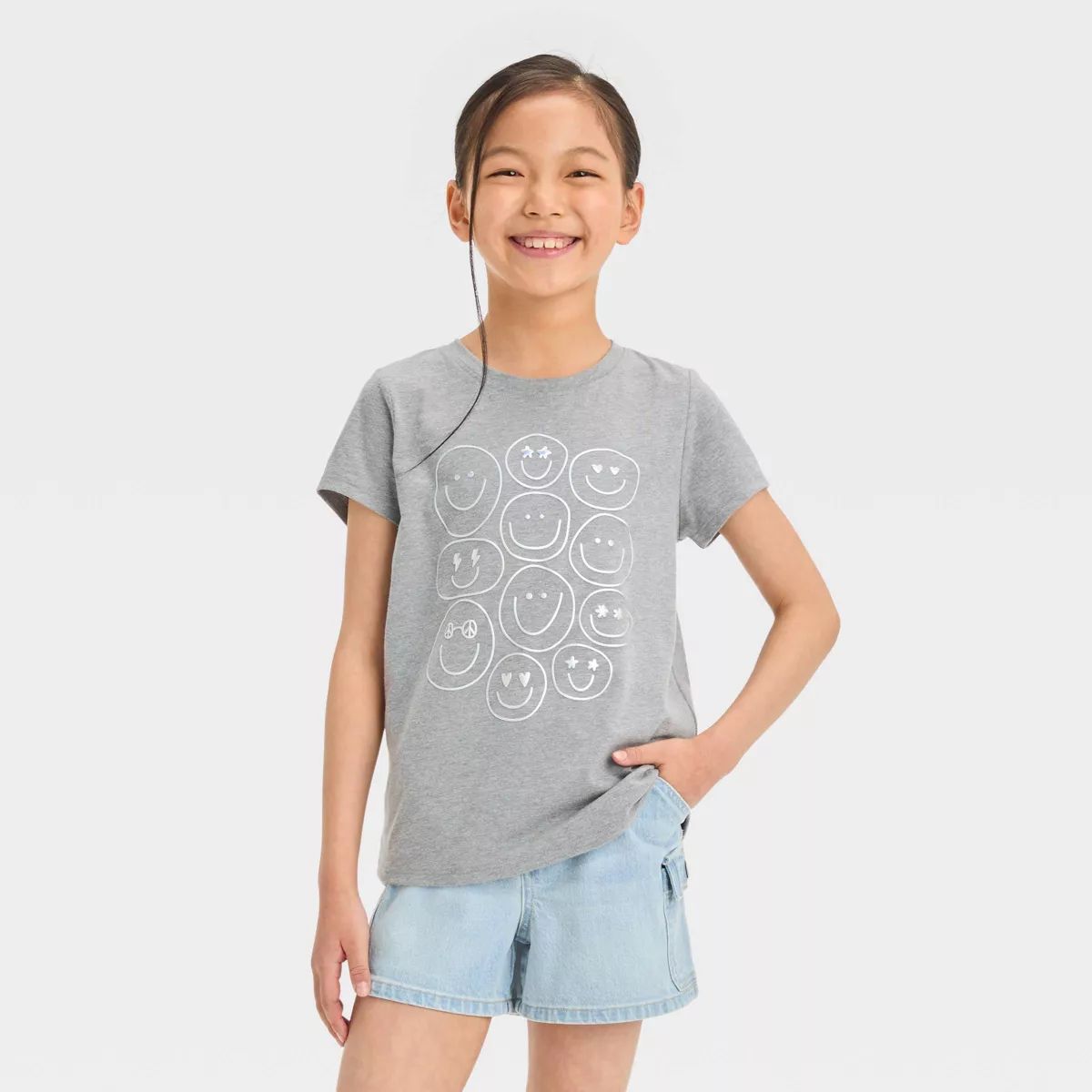 Girls' Short Sleeve 'Smiles' Graphic T-Shirt - Cat & Jack™ Gray | Target