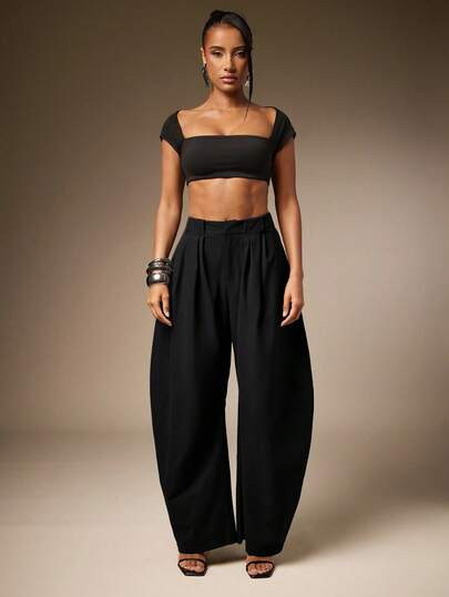 Hauture Sexy Mob Wife Party Basic Solid Charcoal Pleated Oversized Barrel Pants | SHEIN