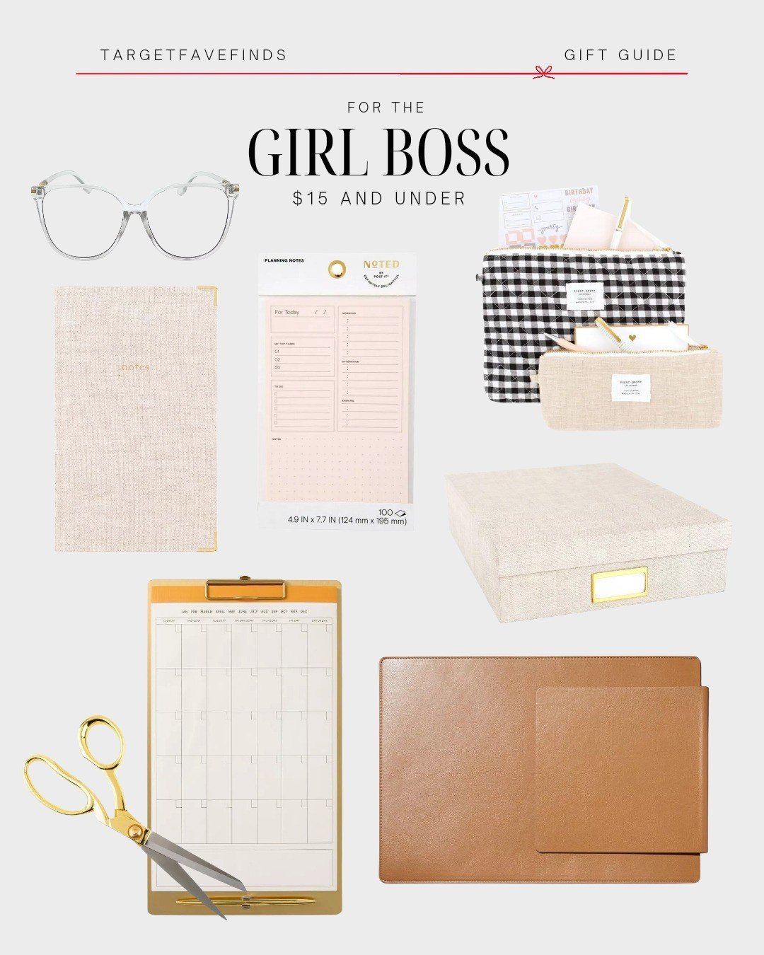 Gift ideas for her, for the girl boss, office, affordable, budget-friendly, clear blue light glasses, noted by post it, faux leather laptop case with mouse pad, neutral storage box, gold scissor, hearth and hand brass clipboard weekly, sugar paper small notebook, targetfavefinds 

#LTKGiftGuide #LTKHoliday #LTKHome