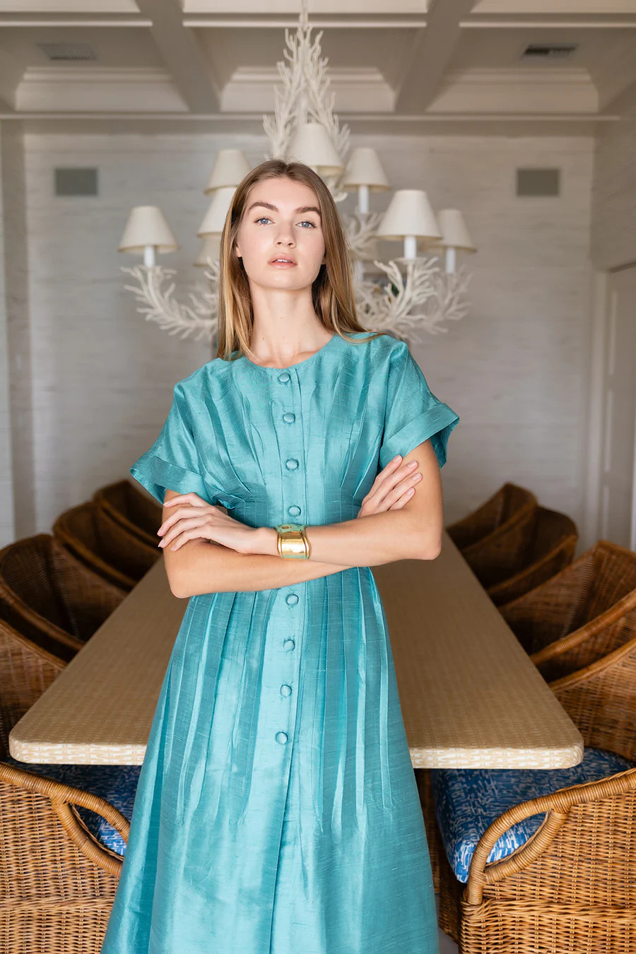 Lila Dress Dupioni - Dusty Aqua | Julia Amory