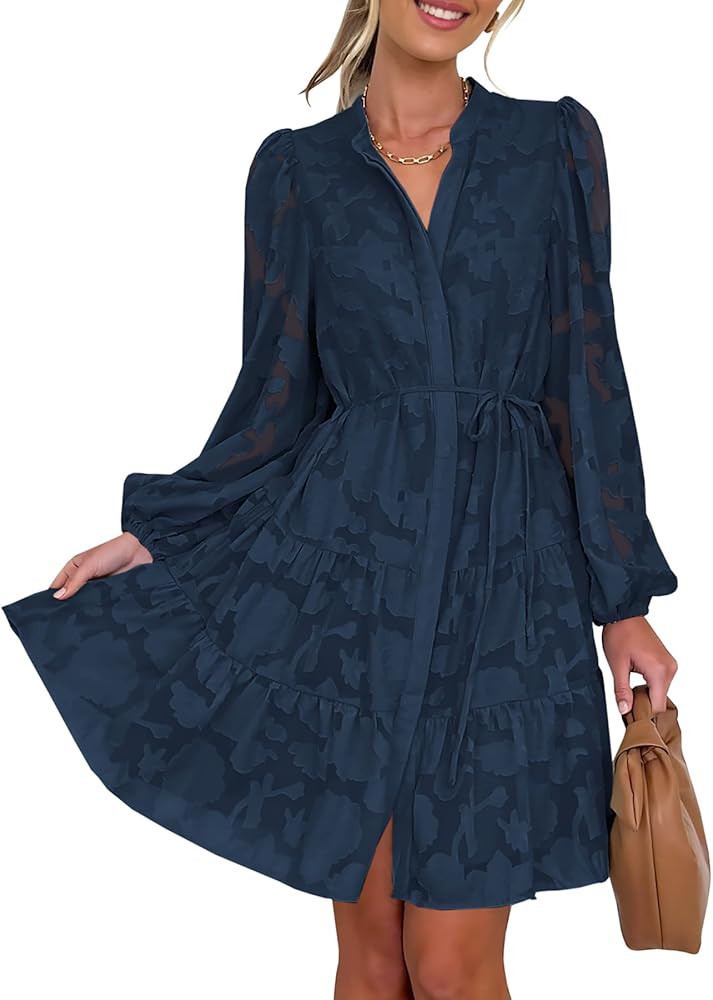 MITILLY Women's Elegant Floral Long Sleeve V Neck Button Down Loose Flowy Tiered Mini Dress with ... | Amazon (US)