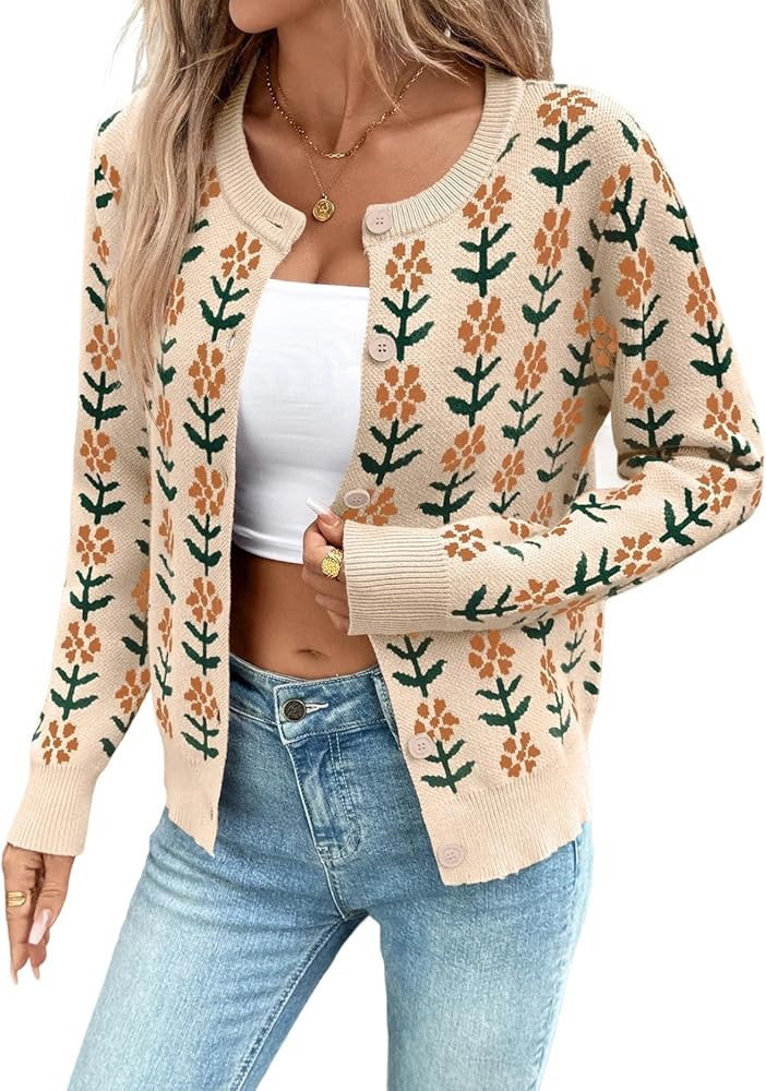 Sidefeel Women's Button Down Cardigan Sweater Long Sleeve Cute Floral Printed Cropped Sweater Coa... | Amazon (US)