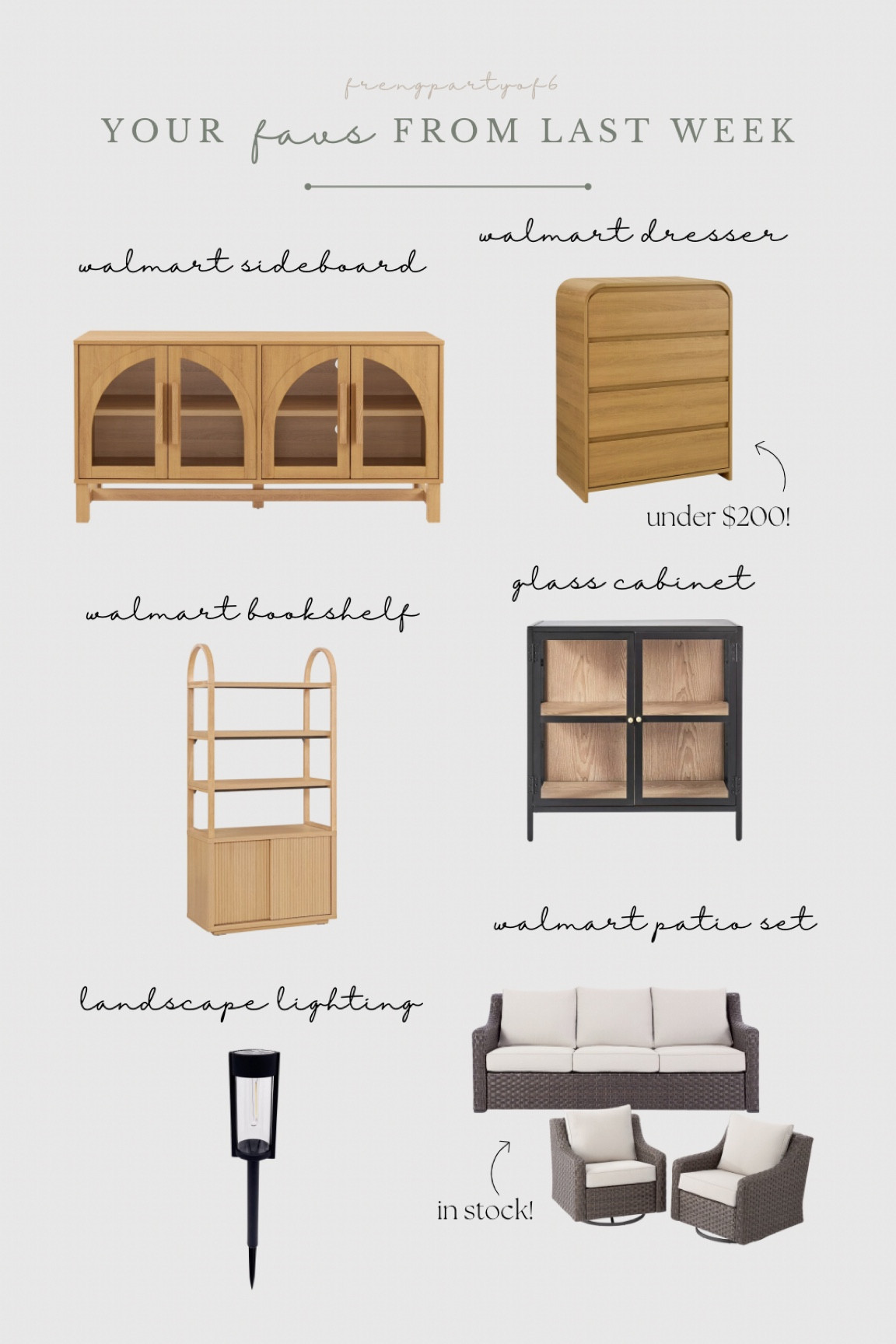 Top sellers and favorites from last week!

+ this Walmart sideboard has been restocking more and more, it’s under $200!
+ this Walmart dresser restocked and is a great price!
+ arched bookshelf is my favorite new addition, under $250!
+ my entryway glass cabinets are always a fav. 
+ we just installed these solar landscape lights and they are so pretty!
+ my viral patio set is still in stock in the darker brown color! Quality is 10 out of 10! 😄

Follow @frengpartyof6 for more affordable + neutral home inspiration!

#patio #stonepatio #patiodesign #bedroom #organicmodern #homedecor #homedecorinspo #affordablehomedecor #budgetfriendly #organicmodern #ltkhome 

#LTKSaleAlert #LTKHome #LTKStyleTip