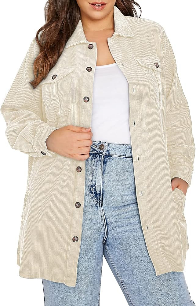 Comxiao Womens Plus Size Corduroy Shirts Causal Long Sleeve Button Down Blouses Tops with Pockets(1X | Amazon (US)