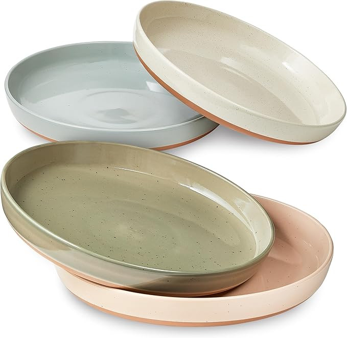 Sheffield Home Stoneware Flat Pasta Bowls, Set of 4 Stylish 35oz Bowls/Plates for Dinner, Salad, ... | Amazon (US)