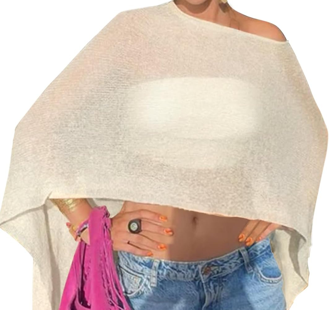 Drop Shoulder Sheer Crochet Vacation Outfits Poncho Sweater Top Summer Beach Cover Up | Amazon (US)