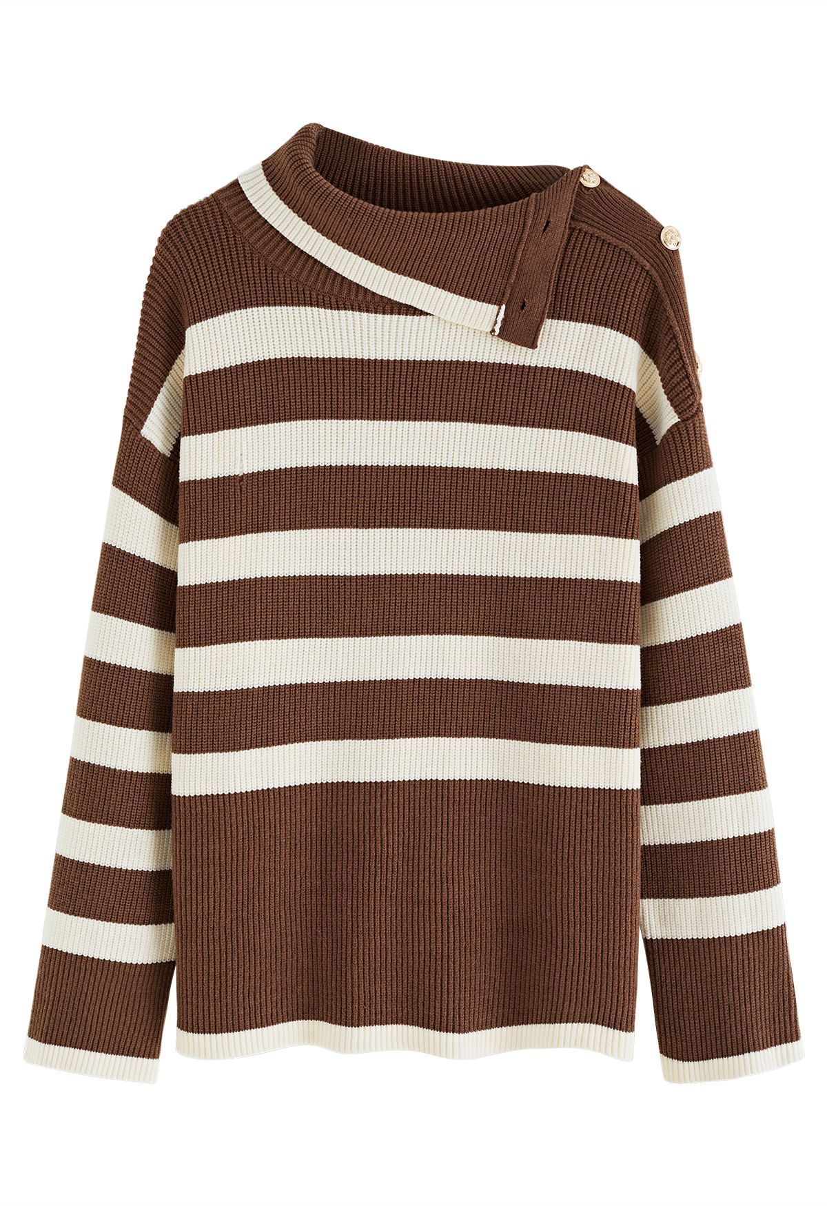 Buttoned Neck Striped Oversize Sweater in Brown | Chicwish