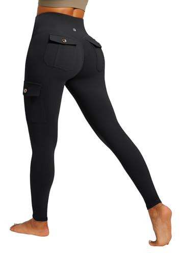 IUGA Butt Lifting Leggings for Women High Waisted Workout Cargo Leggings with Pockets Gym Yoga Pants Tummy Control Black | Amazon (US)