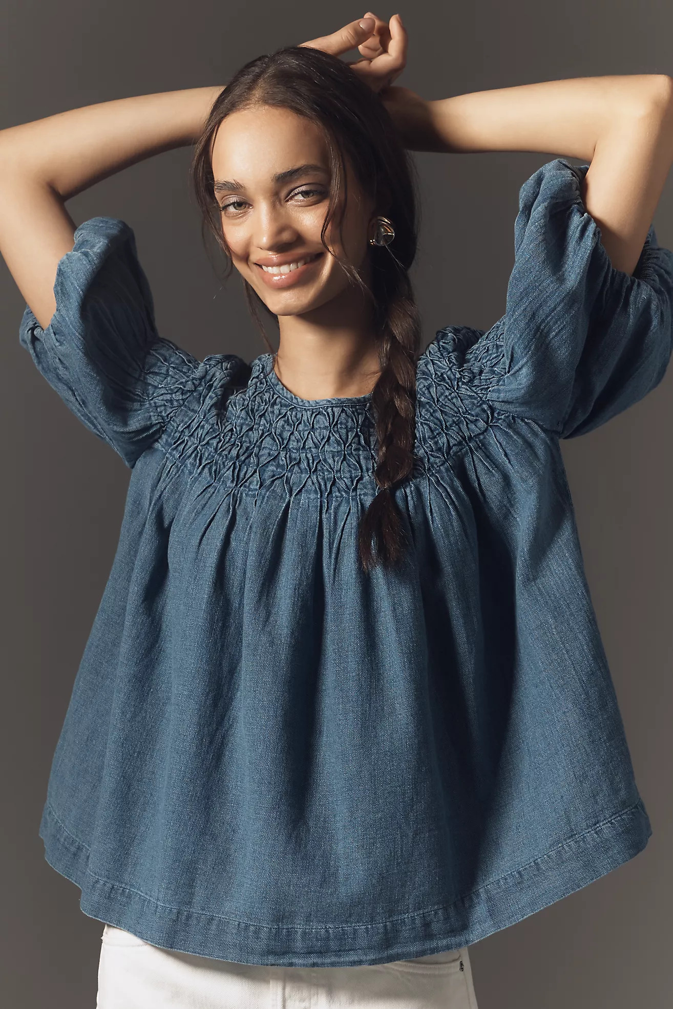 The Liza Smocked Puff-Sleeve Denim Blouse | Anthropologie (US)