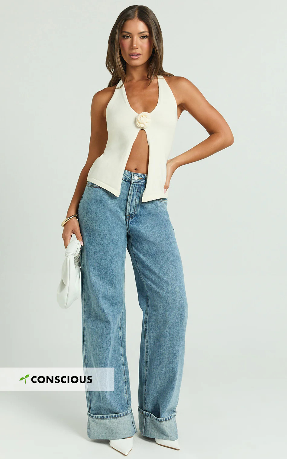 Arwyne Jeans - Mid Rise Baggy Deep Turnup Recycled Denim Jeans in Light Blue Wash | Showpo (ANZ)