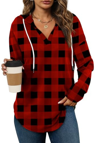 Bofell Plaid Hoodie for Women Plus Size Pullover Hooded Sweatshirt Long Sleeve Color Block Tops Red 3XL | Amazon (US)