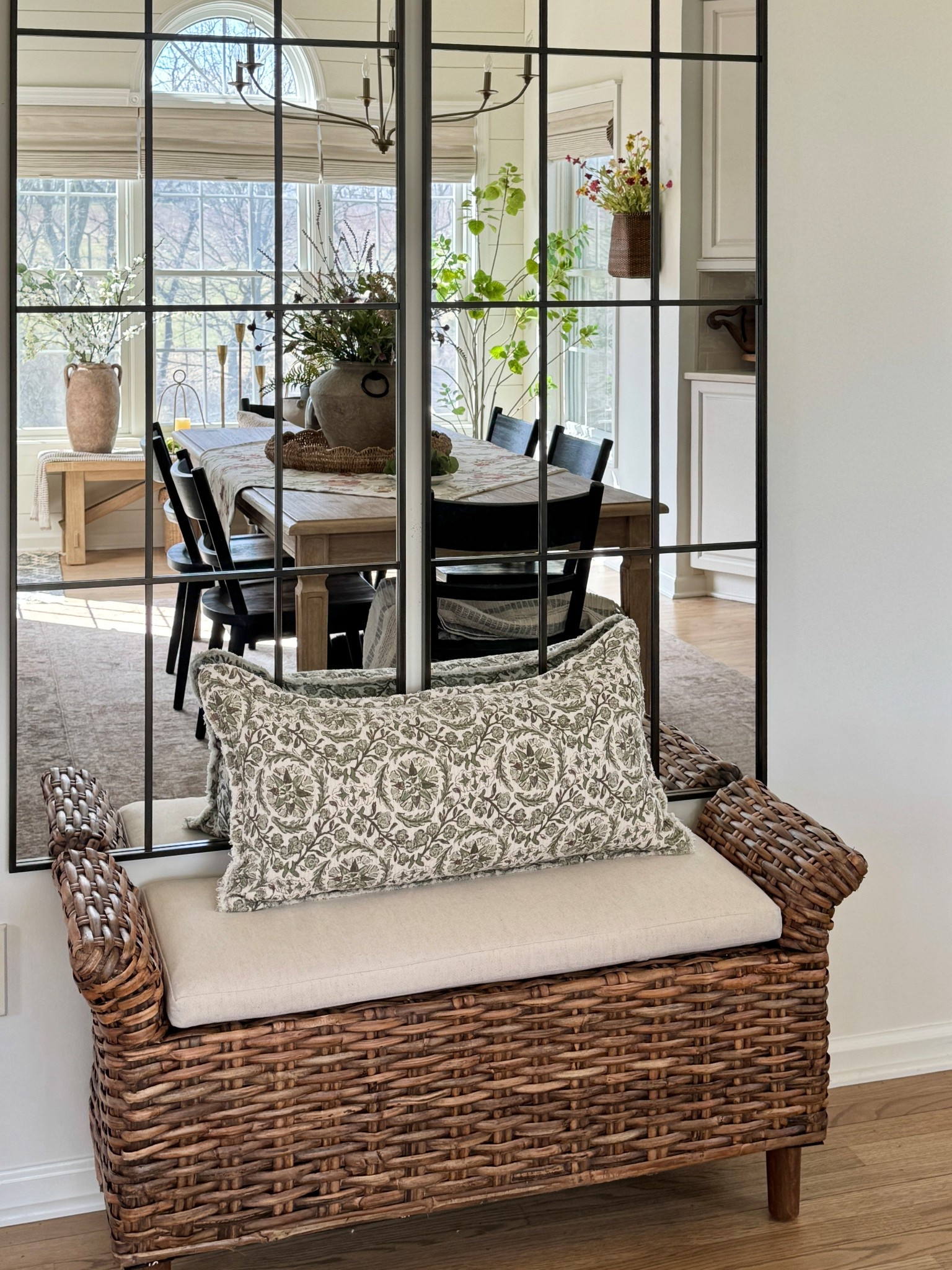 Found the perfect upholstered bench for under my tall paned wall mirrors, gold brushed chandelier, pretty potted fern, hanging rattan wall basket, similar block print lumbar pillow, whimsical smoke tree, solid wood dining chairs, embroidered table square, cherry blossom stems, tall sage stems, solid wood bench, area rug, tall vase    

#LTKSaleAlert #LTKHome