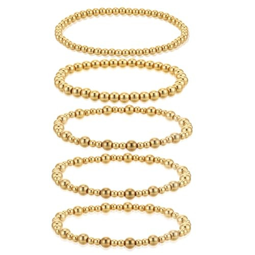 5 PCS Gold Beaded Bracelets for Women, 14k Gold Plated Stackable Pearl Bead Bracelet Set, Gold Stack Bracelets for Women, Trendy Stretch Ball Jewelry | Amazon (US)