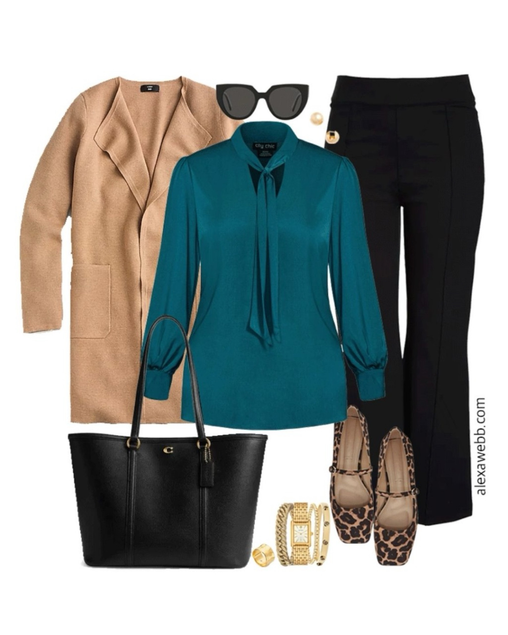 Plus size fall business casual work capsule wardrobe with cardigan sweater, teal blouse, black flare pants and leopard Mary Jane flats. Alexa Webb 

#LTKWorkwear #LTKStyleTip #LTKPlusSize