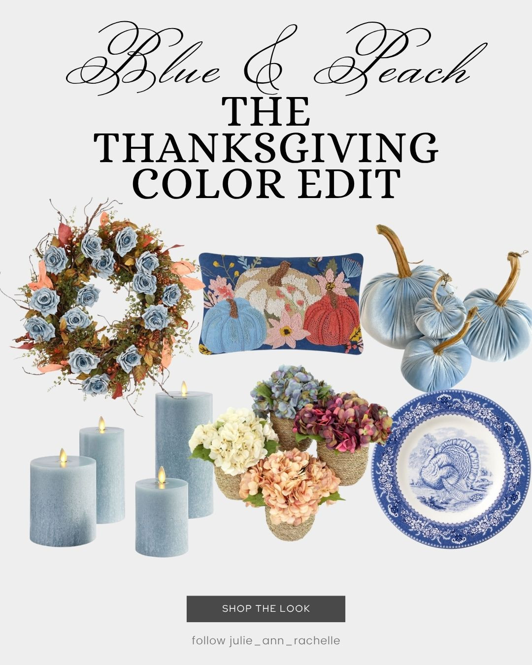A fresh take on Thanksgiving décor 🍑💙
Who says Thanksgiving has to be all orange and brown? This year I’m loving the blue and peach palette — soft, unexpected, and perfect for creating a cozy yet elegant holiday table. From velvet pumpkins to hydrangea blooms and classic blue-and-white plates, these finds feel timeless with a twist.

✨ Tap to shop the look and save your favorites for your Thanksgiving tablescape! 

 #ThanksgivingDecor #HolidayColorEdit #BlueAndPeach #FallTablescape #InteriorInspo #LTKhome #LTKholiday #julieannrachelleinteriors #LTKHoliday #LTKSeasonal #LTKHome
