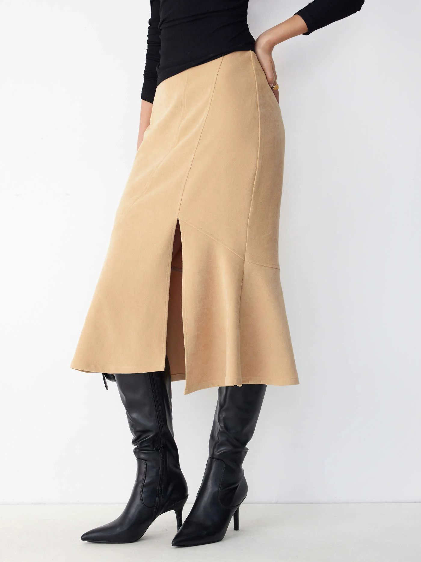 Suede Low Rise Split Mermaid Midi Skirt | Cider