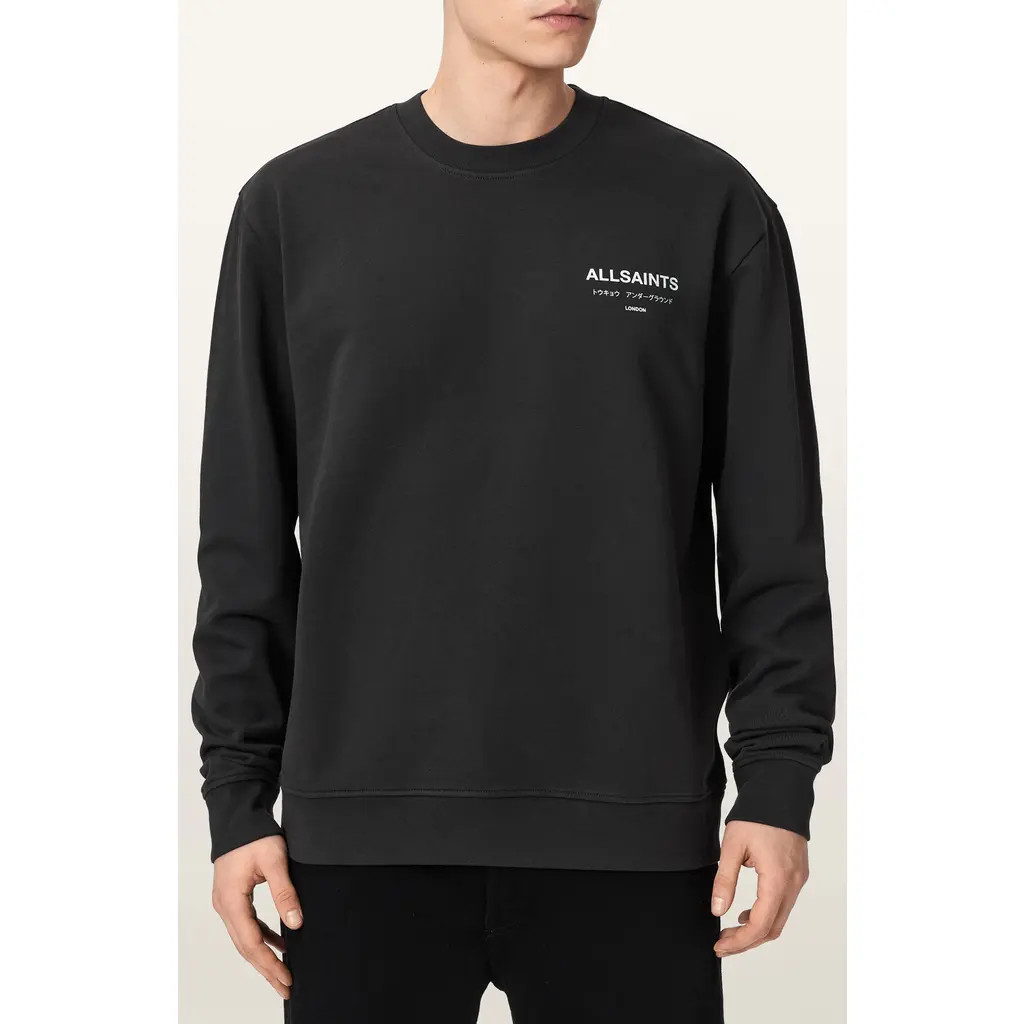AllSaints Underground Logo Organic Cotton Graphic Sweatshirt in Washed Black/zebra at Nordstrom, Size Xx-Large | Nordstrom
