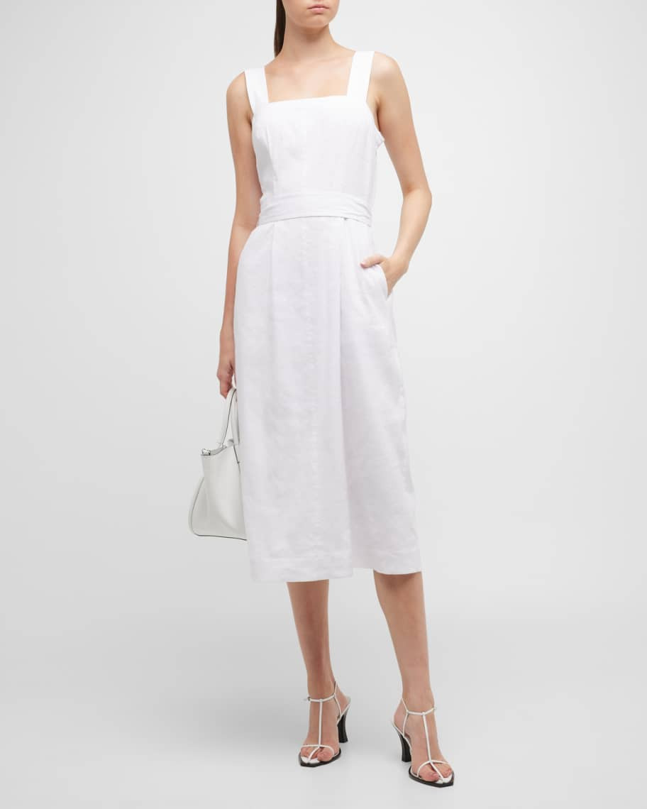 Linen-Blend Belted Square-Neck Midi Dress | Neiman Marcus