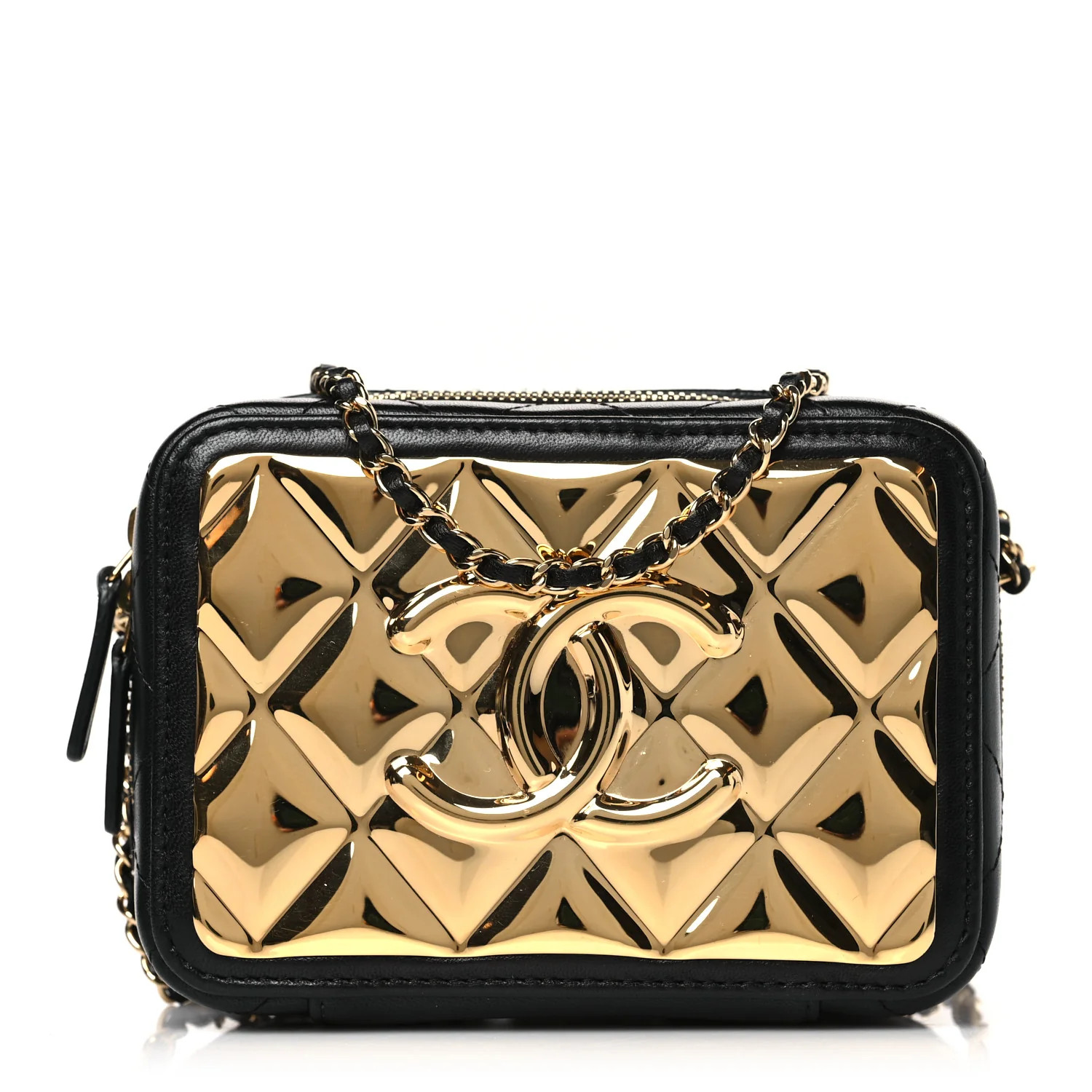 Lambskin Metal Quilted Mini Vanity Case With Chain Black Gold | FASHIONPHILE (US)